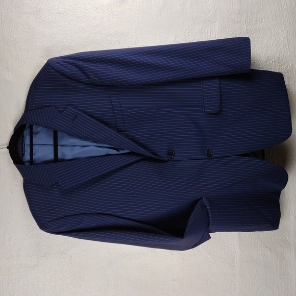 Coppley Navy Blue Pinstripe Wool One Notched Single-Breasted Classic Suit Jacket - Picture 14 of 14